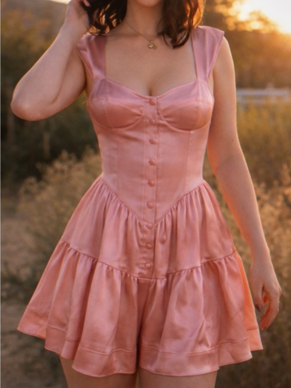 Vanessa Mooney Satin Rose Pink Tiered Mini romper Dress